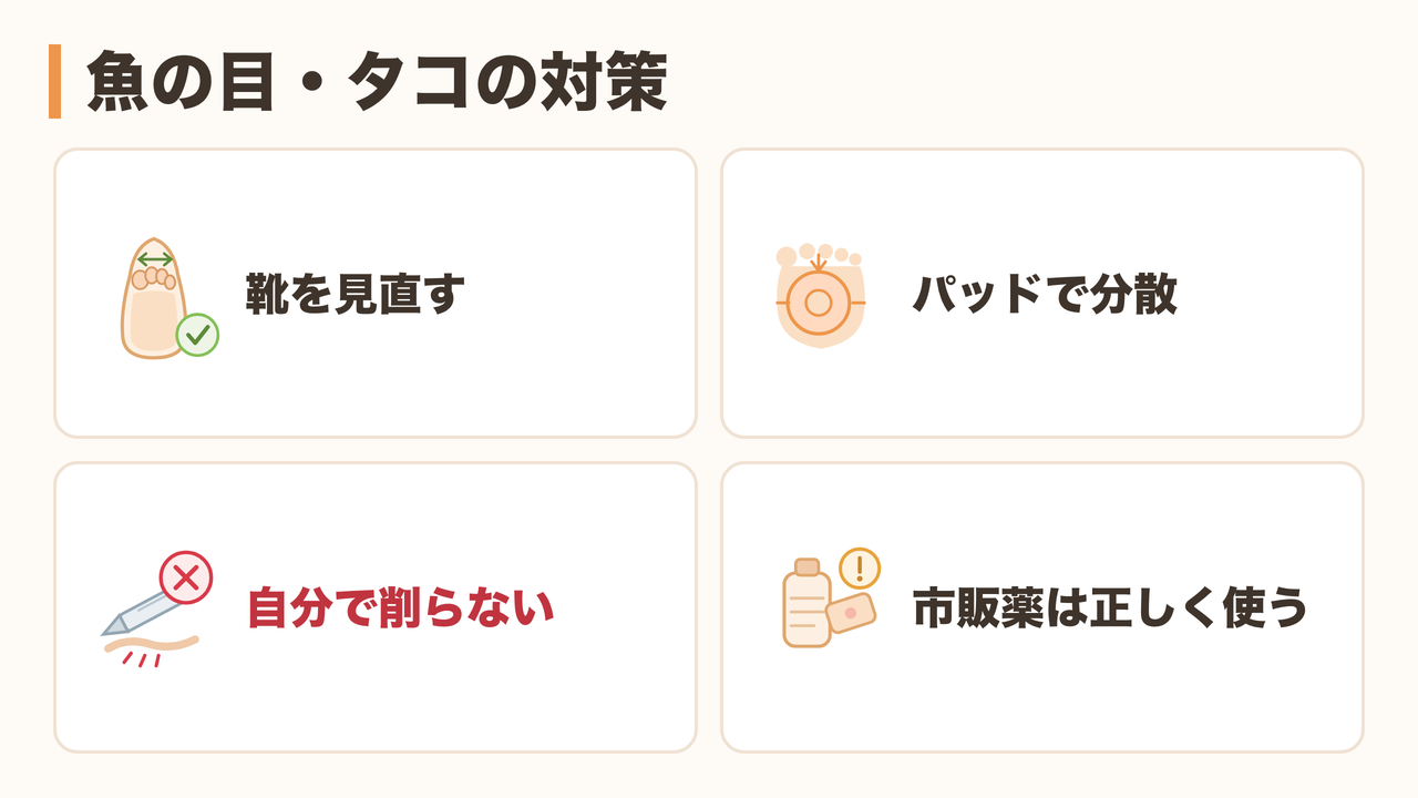 魚の目・タコの対策（靴を見直す・パッドで分散・自分で削らない・市販薬は正しく使う）