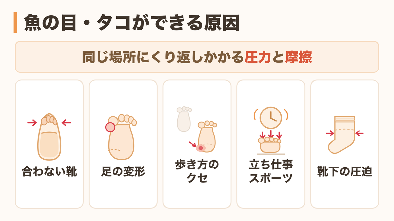 魚の目・タコができる原因（合わない靴・足の変形・歩き方・立ち仕事やスポーツ・靴下の圧迫）
