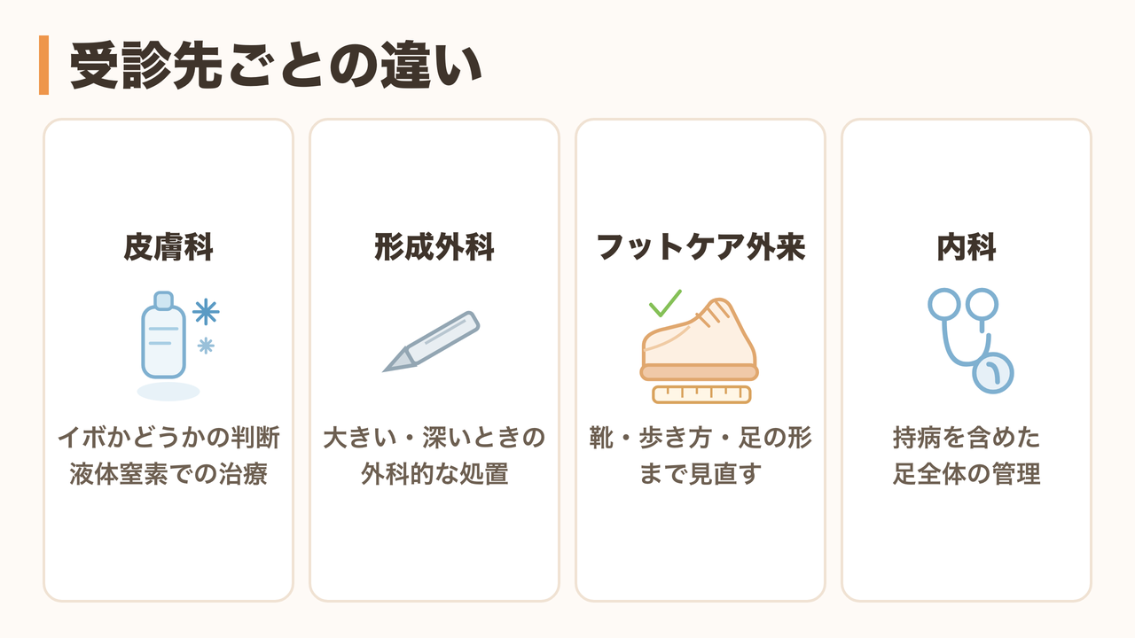 皮膚科・形成外科・フットケア外来・内科の役割の違い